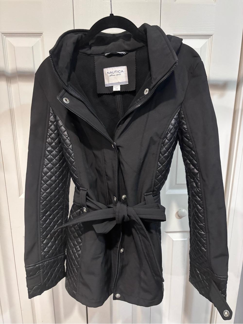 Nautica Black Quilted Belted Trench Coat